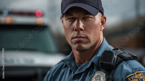 Protective Officer: A determined police officer stands tall, conveying a sense of authority and vigilance, set against the backdrop of a patrol vehicle. 