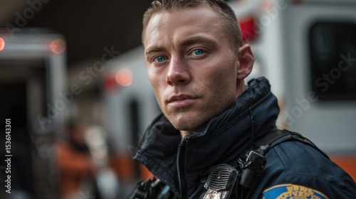 Focused First Responder: A determined paramedic, eyes intense and focused, stands amidst the blur of emergency vehicles, ready to act.