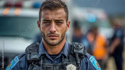Focused Police Officer: A portrait of a serious, focused police officer in uniform, conveying a sense of duty and responsibility. His gaze is intense.