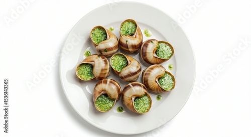 Escargot on White Plate with Green Sauce Top View
