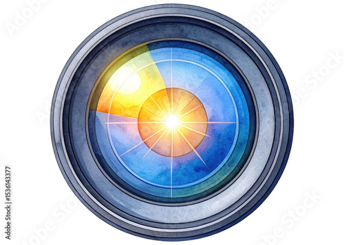 An artistic camera lens features a vibrant abstract design of sun and sky with a central light burst, symbolizing vision and creativity. Ideal for photography or media concepts.