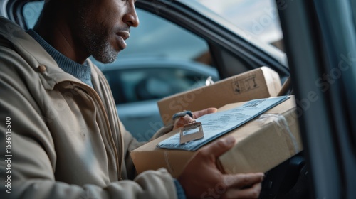 Prompt Delivery: An individual prepares for swift delivery with packages and a clipboard, demonstrating efficiency and professionalism.