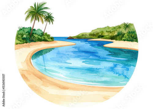 Vibrant watercolor illustration depicting a serene tropical bay with clear blue water, a sandy beach, and lush green vegetation including palm trees. Ideal for vacation and travel themes.