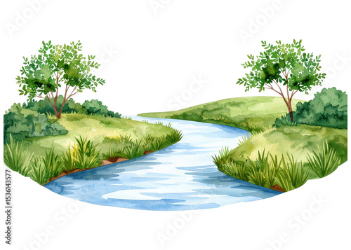 A beautiful watercolor painting depicting a winding river flowing through a vibrant green landscape with lush trees and grassy banks. educational materials, or peaceful designs.