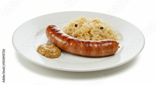 Grilled Sausage with Sauerkraut and Mustard on White Plate