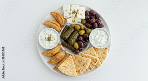 Greek Food Plate with Olives Feta Pastries and Pita on White Surface