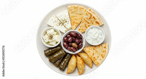 Savory Appetizer Plate with Feta, Olives, Bread, and Stuffed Grape Leaves