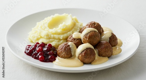 Meatballs with Creamy Sauce and Lingonberry Jam on White Plate