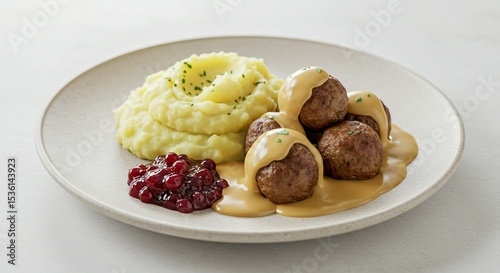Savory Meatballs with Cream Sauce Served with Mashed Potatoes and Cranberry Sauce on Plate