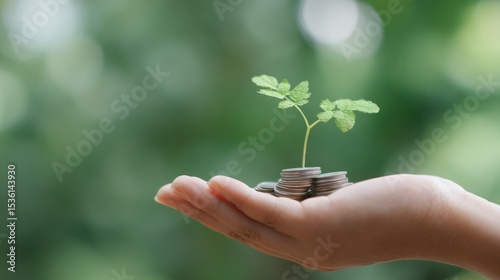 Wallpaper Mural close-up of hand holding small tree sapling growing from coins in palm with blurred green background Torontodigital.ca
