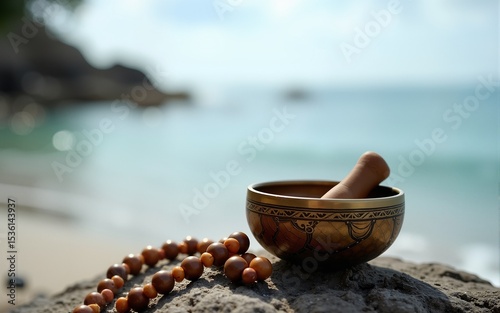 Tibetan bowl with mala beads on nature seaside background for meditation and mindfulness. High quality