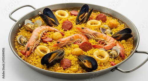 Seafood Paella in Metal Pan with Yellow Rice and Mussels