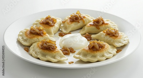 Dumpling Pierogi with Caramelized Onions on White Plate