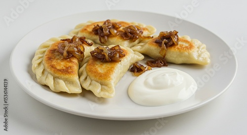 Golden Fried Dumplings Topped with Onion and Sour Cream on White Plate