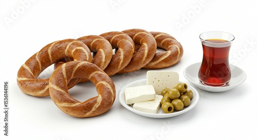 Simit Bread, Cheese, Olives and Red Tea on White Background