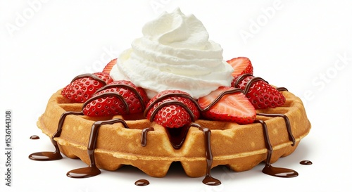 Golden Waffle Topped with Fresh Strawberries, Whipped Cream, and Chocolate Drizzle on White