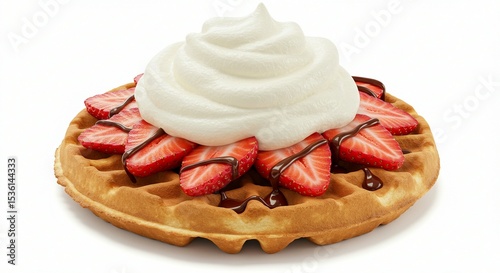 Golden Waffle with Fresh Strawberries and Sweet Cream on White Backdrop