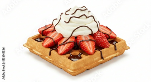 Waffle with Sliced Strawberries, Cream, and Chocolate Drizzle on White