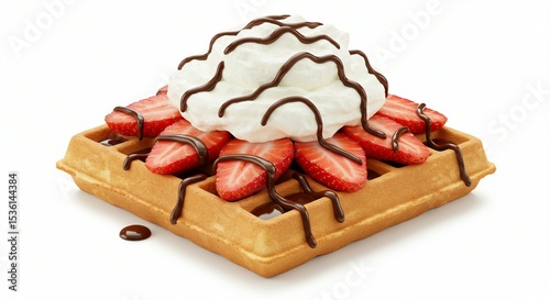 Waffle with Strawberries and White Cream Topping on White Background