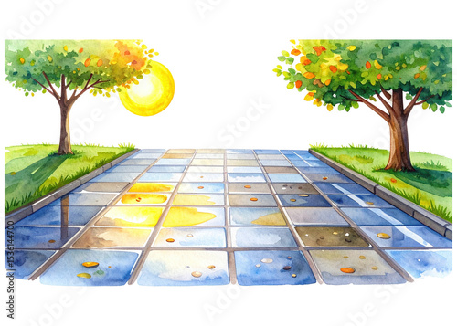 Vibrant watercolor painting depicting a tiled path leading towards a bright sun, flanked by green trees. Puddles reflect the light, creating a serene natural landscape.