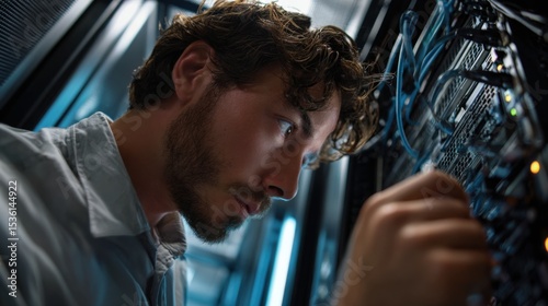 Tech Expert at Work: A focused tech expert, his eyes reflecting determination, meticulously examines and adjusts a complex server system, embodying dedication and expertise in his field.