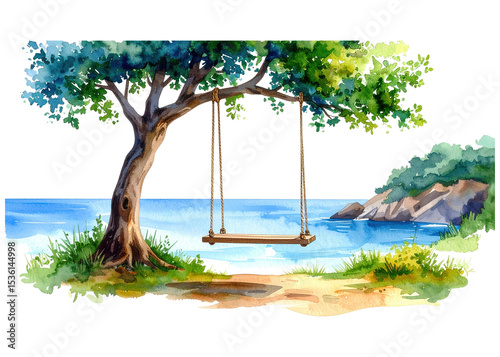 Watercolor illustration of a tranquil coastal scene featuring a tree swing overlooking the blue sea and distant hills. Perfect for travel, relaxation, or nature themes.