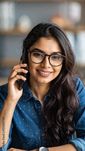 Businesswoman in glasses talks on smartphone in casual office setting, smiling while sitting indoors with natural lighting.
