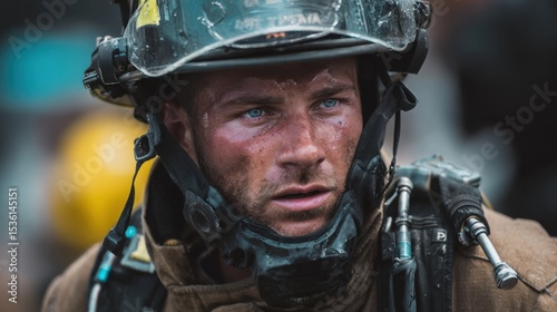 Courage Under Pressure: Portrait of a brave firefighter amidst the chaos, capturing the grit, determination, and unwavering focus. A testament to bravery and dedication.