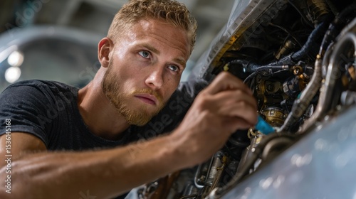 Precision and Dedication: A focused technician meticulously works on a complex machinery, his expression revealing commitment and expertise.