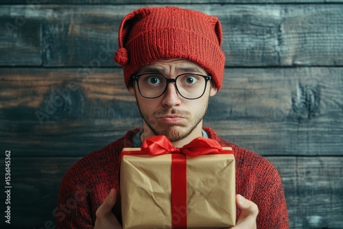 Disappointed Gift. Funny Christmas Present Reveal Reaction with Frustration