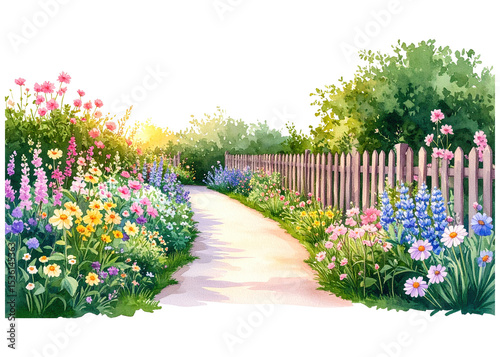 Vibrant watercolor illustration of a charming garden path surrounded by a profusion of colorful blossoms, green plants, and a rustic wooden fence.