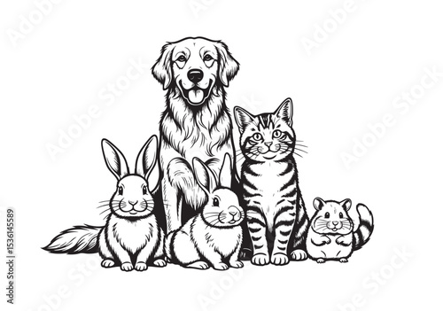 Cute black and white vector of a dog, cat, rabbits, and a hamster sitting together. Perfect for pet-related branding, prints, or educational designs.