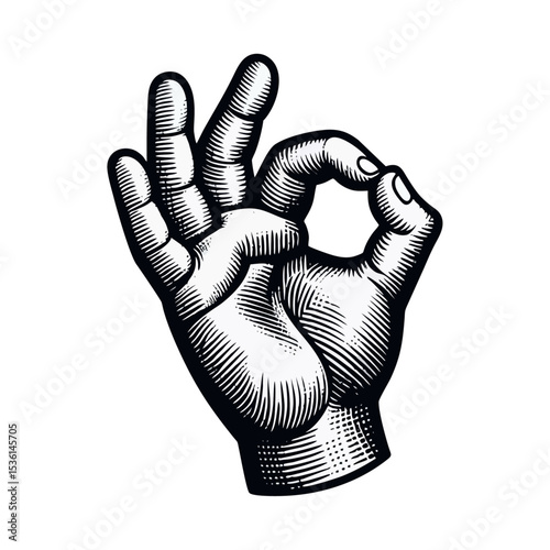 Ok hand gesture engrave illustration logo icon