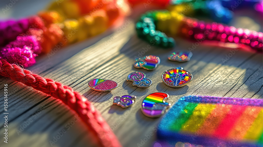 Fototapeta premium Rainbow Wristband and Pride Enamel Pins on Wood Surface Symbolizing Personal Pride and Celebration