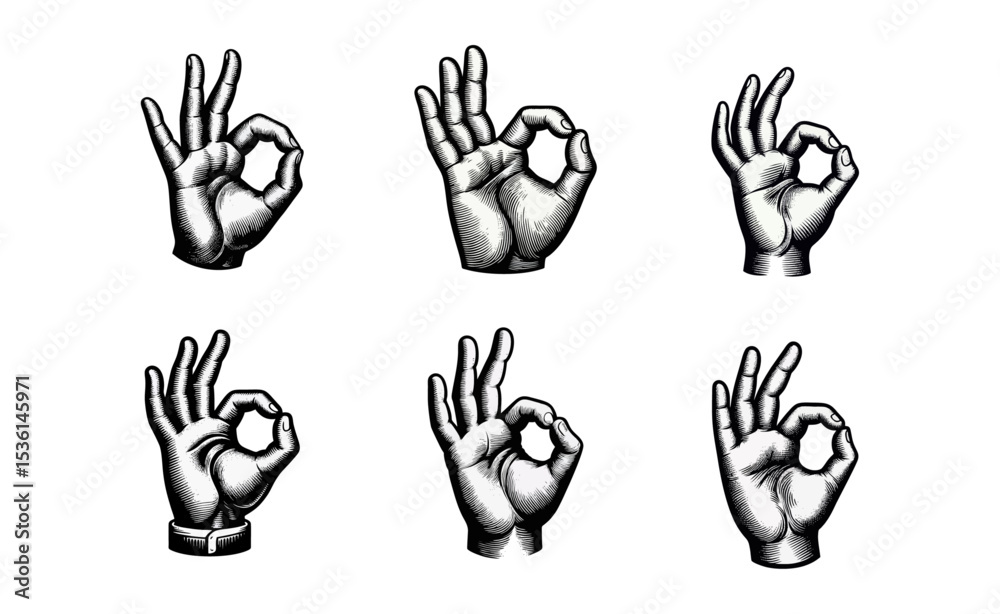 Fototapeta premium Ok hand gesture engrave illustration logo icon