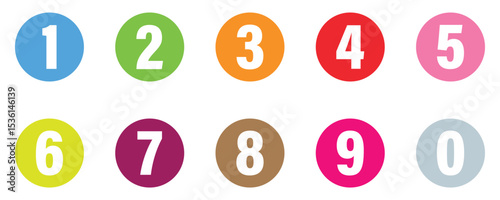 Colorful Round Number Icons Set – Digits 0 to 10 with Long Shadow Style. Vector illustration 