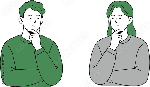  Man and woman thinking with hand on chin, decision making concept, flat vector illustration, thoughtful expression, problem solving, contemplation

flat vector illustration