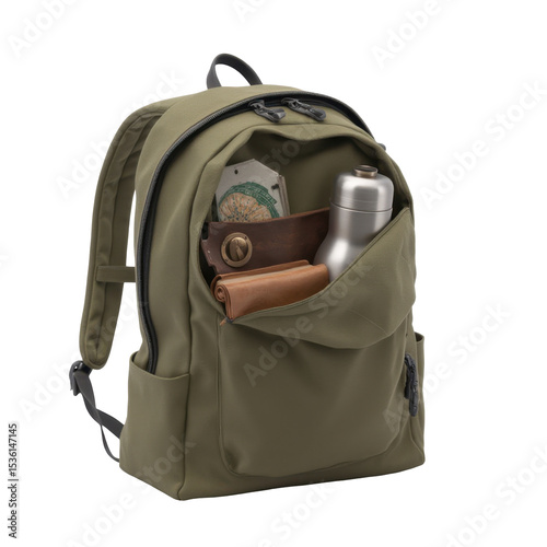 Photorealistic rendering of classic backpack with compass outdoor scene textured detail