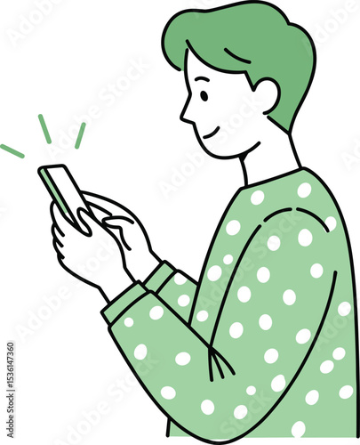 Young smiling man using smartphone, receiving mobile notification, dressed in green polka dot shirt, modern flat vector illustration style, technology

 flat vector illustration