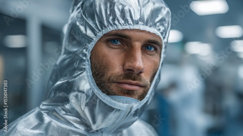 Serious Engineer in Clean Suit: An engineer with striking blue eyes wearing protective suit stands in clean manufacturing facility, embodying safety and dedication.