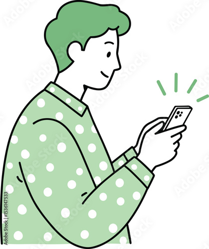 Smiling young man using smartphone, receiving notification, casual green outfit, modern flat vector illustration, digital communication, mobile app

 flat vector illustration