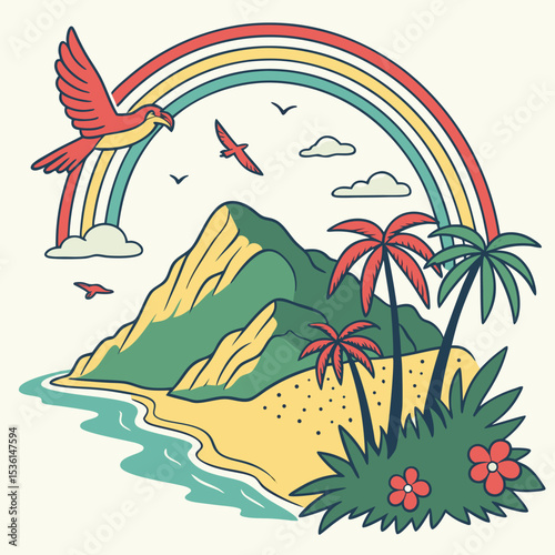 Retro illustration of a tropical paradise with a rainbow palm trees and birds flying over a serene landscape