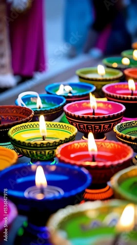 Aromatic colorful clay diyas, traditional oil lamps illuminating a festive celebration