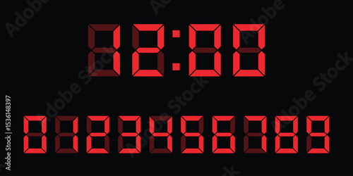 Digital LED Number Set – Seven-Segment Display Digits for Clock, Calculator, and Electronic Devices, Vector illustration.