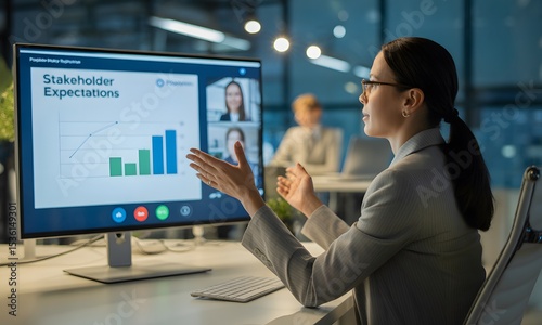Businesswoman Presents Stakeholder Expectations on Computer