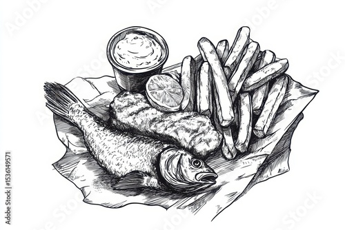 Fish And Chips Illustration - Hand Drawn with Appetizing Black-and-White Doodle Style