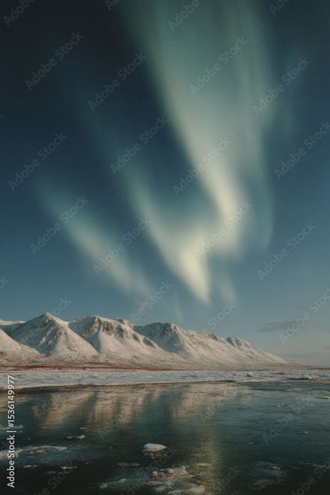 Naklejka premium Ethereal Aurora Borealis over Snow-Covered Mountains with Reflective Frozen Lake - Stunning Nature Tourism and Pristine Wilderness Experience