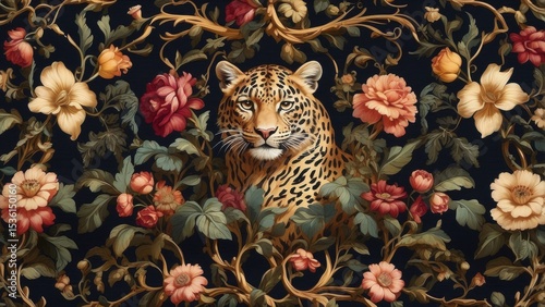 Elegant Leopard Portrait Surrounded by a Floral Arrangement Art