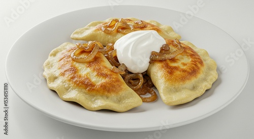Golden Fried Dumplings Topped with Caramelized Onions and Cream on White Plate