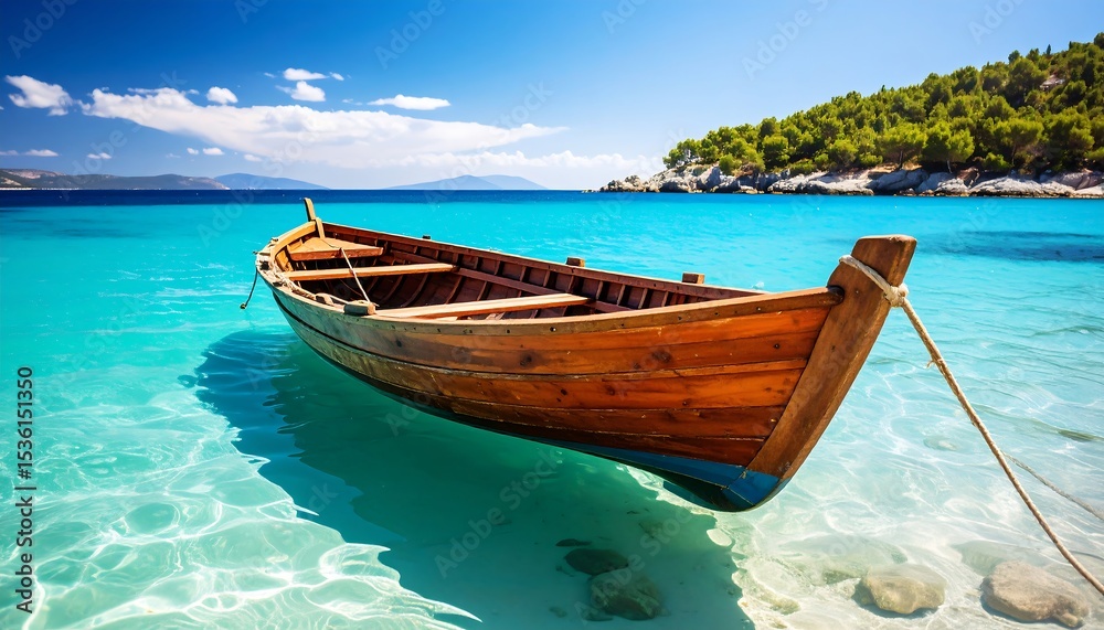 Naklejka premium Wooden boat in turquoise water (1)